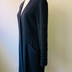 Vintage '80s Krizia Wool Coat with Embroidered Sleeves Navy Blue Dress Large